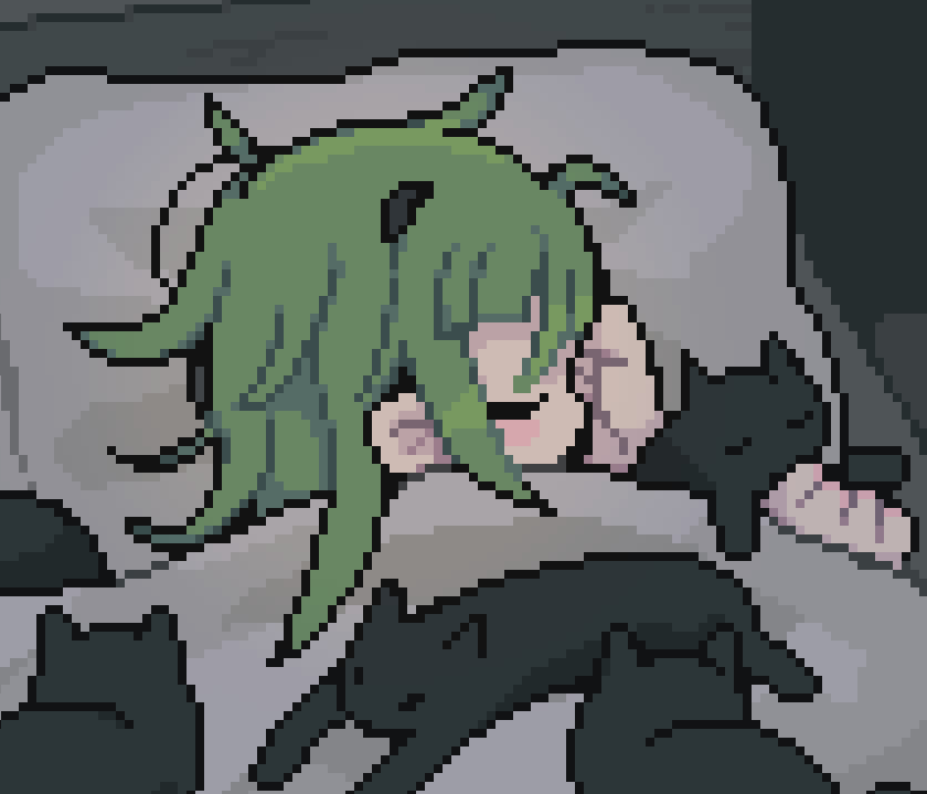 Pixel art character with messy greeen hair sleeping soundly in bed surrounded by black cats.